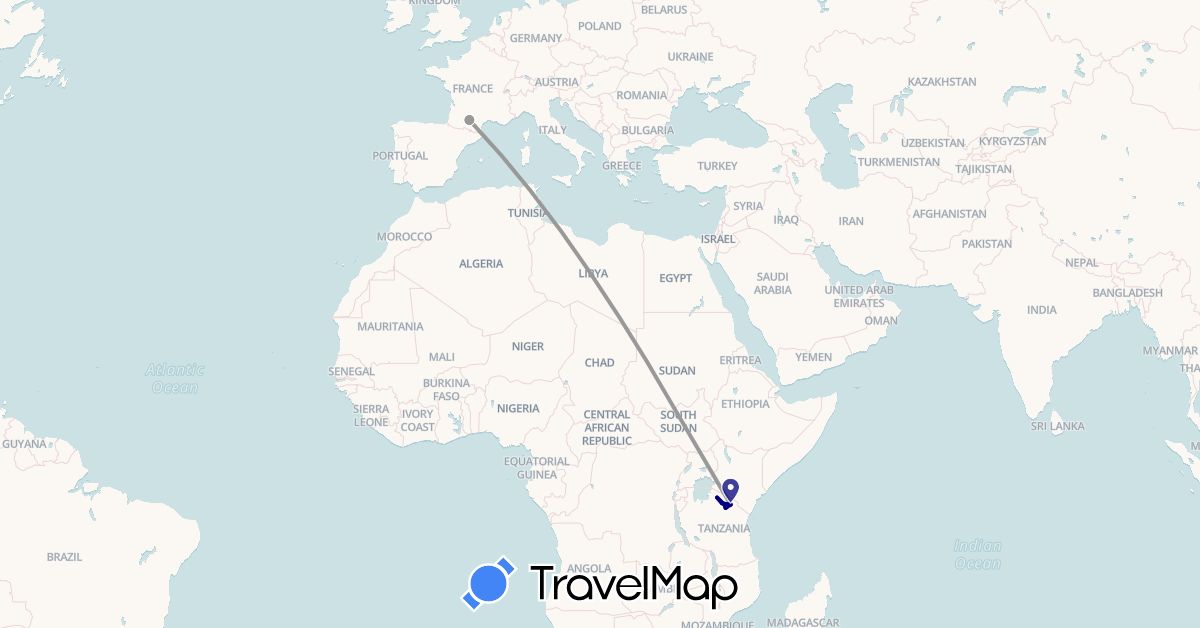 TravelMap itinerary: driving, plane in France, Tanzania (Africa, Europe)